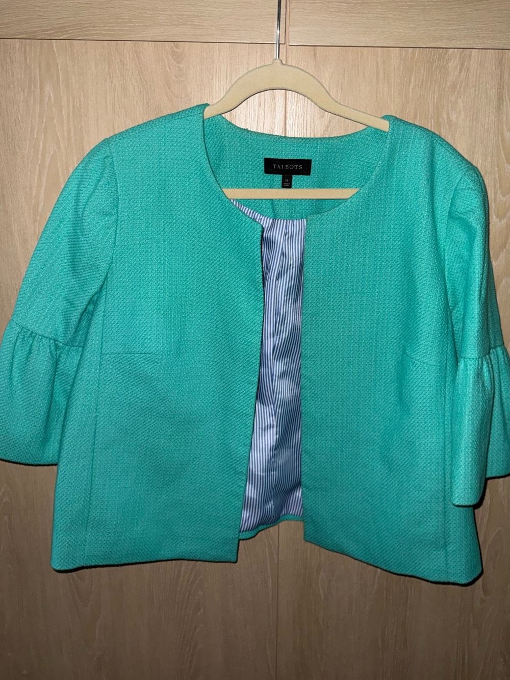 Talbots Women’s Size 14 Turquoise Textured Jacket Bell Sleeve Open Front Blazer